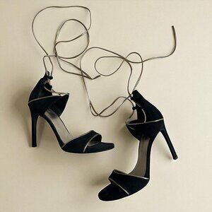STUART WEITZMAN  Black Gold Laceup Sandals Heels Size 7.5